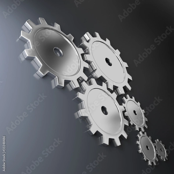 Obraz Metallic cog-wheels on a dark background