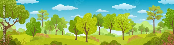 Fototapeta Background with summer trees, bush, grass, sky, clouds. Landscape. Green plants. Nature banner