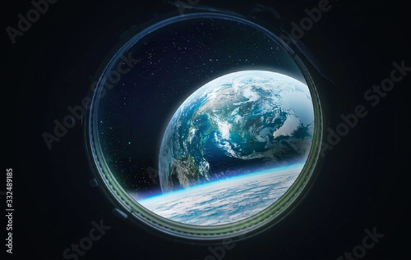 Fototapeta View on Earth planet from porthole of space station. Blue planet and space. Elements of this image furnished by NASA