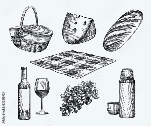 Fototapeta Hand-drawn sketch of picnic set. The set includes basket, cheese, loaf bread, bottle and glass of wine, thermos and a mug, checkered blanket, grapes