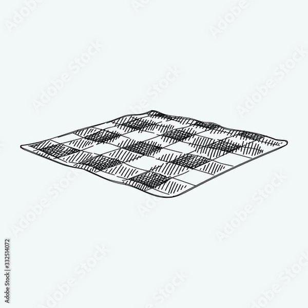 Fototapeta Hand-drawn sketch of a Checkered Picnic Blanket for picnic on a white background.  Plaid Outdoor Picnic Blanket for picnic on a white background.