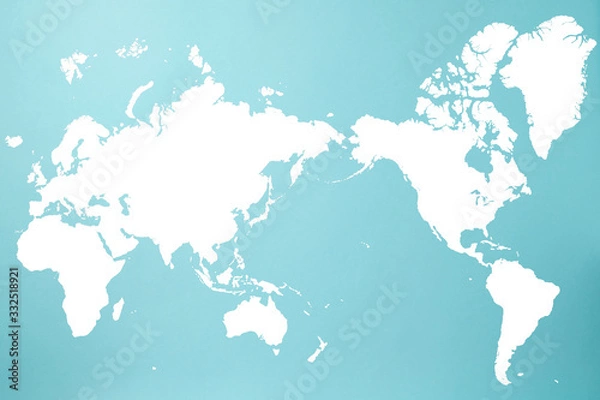 Obraz 水色背景に白で書かれた世界地図（アジア中心）