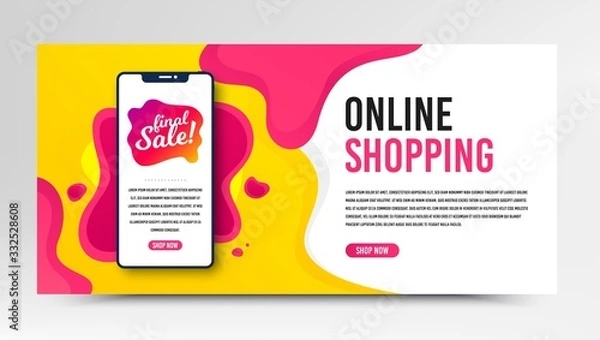 Fototapeta Final sale badge. Phone screen mockup fluid banner. Discount banner shape. Coupon bubble icon. Social media banner with smartphone screen. Shopping mockup web template. Final sale promotion. Vector