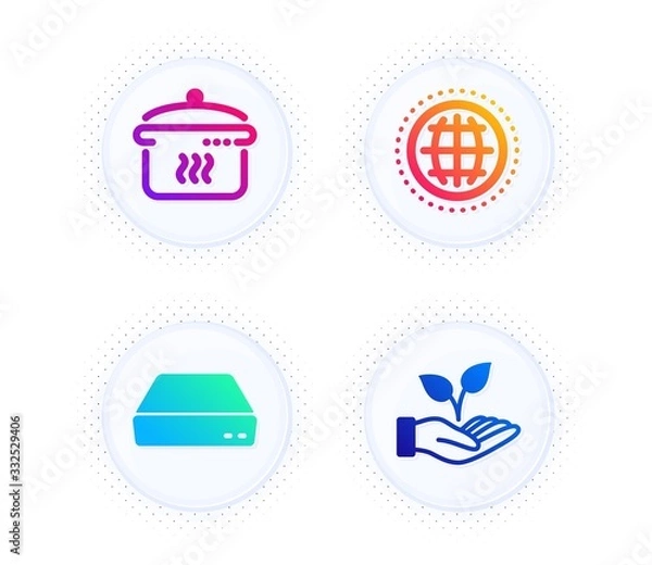 Obraz Globe, Boiling pan and Mini pc icons simple set. Button with halftone dots. Helping hand sign. Internet world, Cooking utensil, Computer. Startup palm. Business set. Gradient flat globe icon. Vector