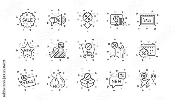Fototapeta Shopping, Sale and New. Discount line icons. Hot offer linear icon set. Geometric elements. Quality signs set. Vector