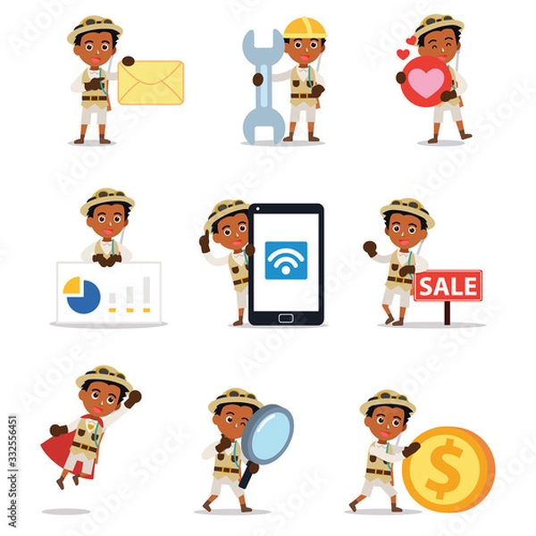 Obraz Set character of man safari hunter with the rifle shooting equipment.