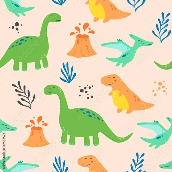 Fototapeta Cute dinosaur seamless pattern for kids, baby textile, wallpaper, nursery design. Funny little dino of hand drawn style. Vector illustration.