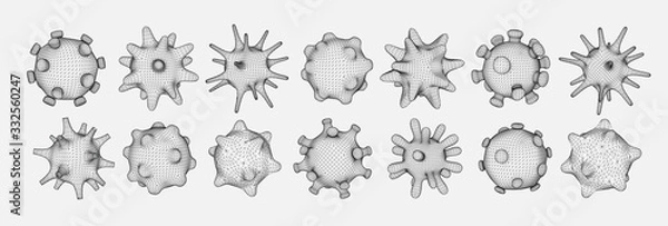 Fototapeta Set of different viral cells. Novel Coronavirus (2019-nCoV). Virus Covid 19-NCP. Coronavirus nCoV denoted is single-stranded RNA virus. Linear outline polygon mesh style. Vector illustration.