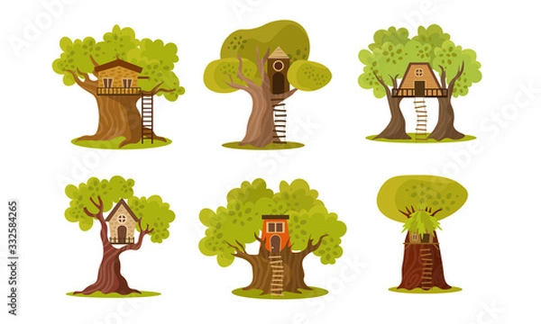 Fototapeta Set of cute small tree houses. Vector illustration in flat cartoon style.