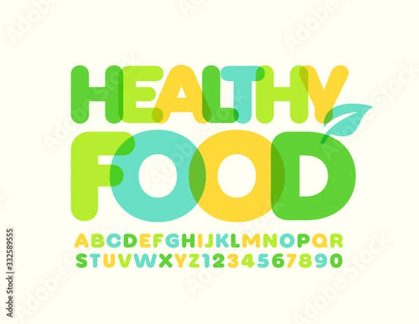 Fototapeta Vector emblem Healthy Food with green Leaf. Creative modern Font. Trendy Alphabet Letters and Numbers