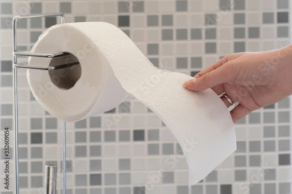 Obraz Roll of toilet paper in a bathroom with a female hand