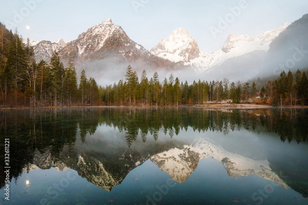 Obraz Morning fog over scenery lake at schiederweiher in upper austria
