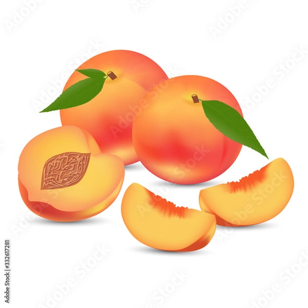 Fototapeta Vector illustration of a whole peach and slices on a white background.