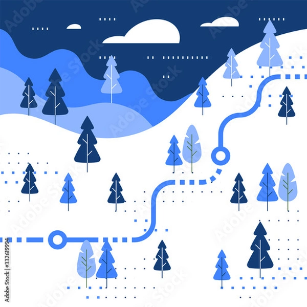 Fototapeta Winter skiing slope map, snow forest, trail walking, running or cycling path, orienteering game
