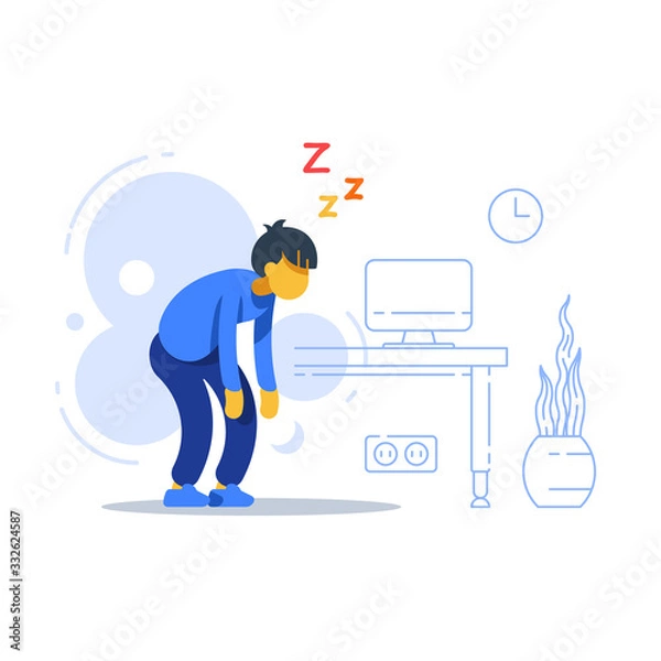 Fototapeta Sleepy man, sleep deprived, boring work, tired with tasks, lack of energy, feeling weak
