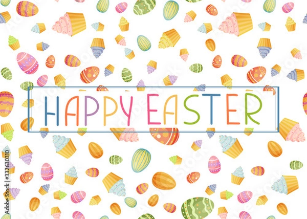 Fototapeta Happy Easter greeting card with easter colorful eggs and muffins. Vector illustration in simple flat style.