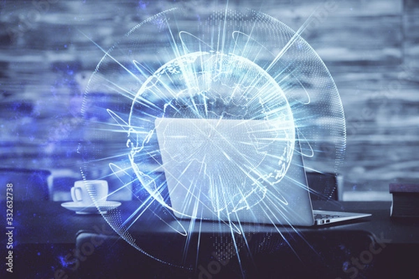 Fototapeta Double exposure of business theme icons and work space with computer background. Concept of success.