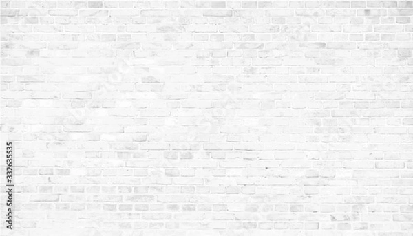 Fototapeta Prosty grungy biały ceglany mur z jasnoszarymi odcieniami bezszwowego wzoru powierzchni tekstury tła w formacie transparent szerokiej panoramy. Ilustracja wektorowa biały mur z cegły.