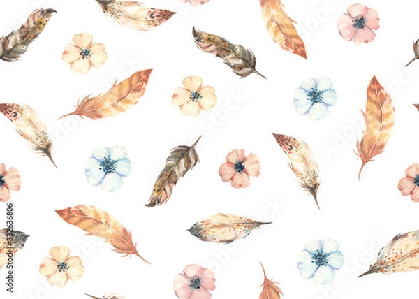 Obraz Watercolor hand drawn seamless pattern with flowers, leaves, branches, feathers. Boho stile. Flowers print on white background.