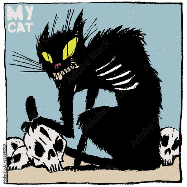 Fototapeta Image of a dark cat with skulls. Calligraphy. Color vector illustration. Can be used in social networks, for articles, publications, postcards, prints, posters.