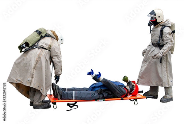 Fototapeta Pandemic, epidemic, chemical, radiation, or biological contamination. Rescuers in a chemical or biological protection suit rescue a victim of chemical or biological contamination on a stretcher.