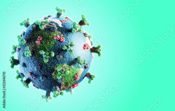 Fototapeta Corona virus SARS-CoV-2 novel coronavirus  concept resposible for covid-19 outbreak and coronaviruses dangerous flu strain pandemia. Microscope virus close up, earth globe model. 3d rendering.