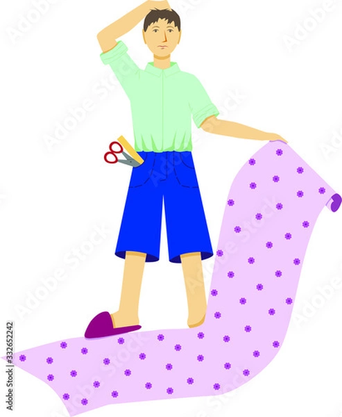 Obraz Vector graphics. Illustration. Repair in the apartment. A man does not know how to glue wallpaper.