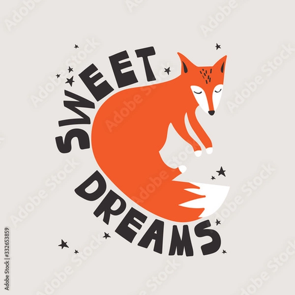 Obraz Hand drawn illustration with fox, stars and lettering. Colorful cute background vector. Sweet dreams, poster design. Backdrop with english text, animal. Funny card, phrase