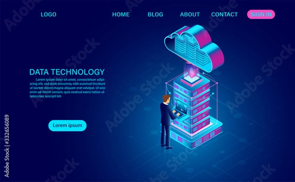 Fototapeta Data technology and big data processing protecting data security concept and cloud computing. digital information. isometric. cartoon vector