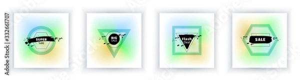 Obraz Vibrant liquid abstract banners with black blots on white background. Fluid banner. with geometry shapes. Set square banners