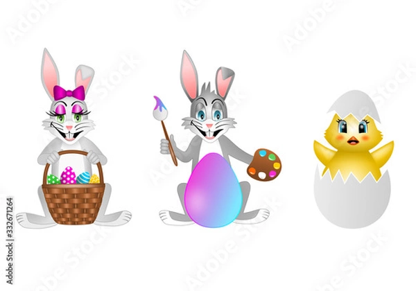 Fototapeta Funny Easter rabbits and chick cartoons