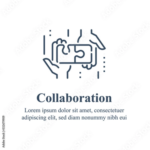 Fototapeta Team work, cooperation or collaboration, unity concept, employee engagement, hand and puzzle jigsaw, simple solution