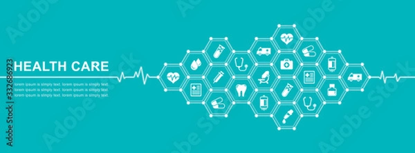 Fototapeta Group of elements flat icons in medicine, medical, health, cross, healthcare for background concepts vector illustration