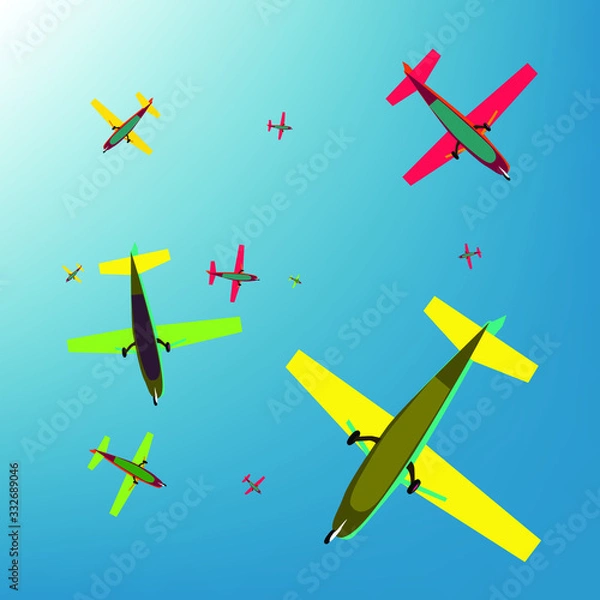 Fototapeta Airplanes in the sky. Vector illustration of multi-colored airplanes flying in a circle in a blue sky.