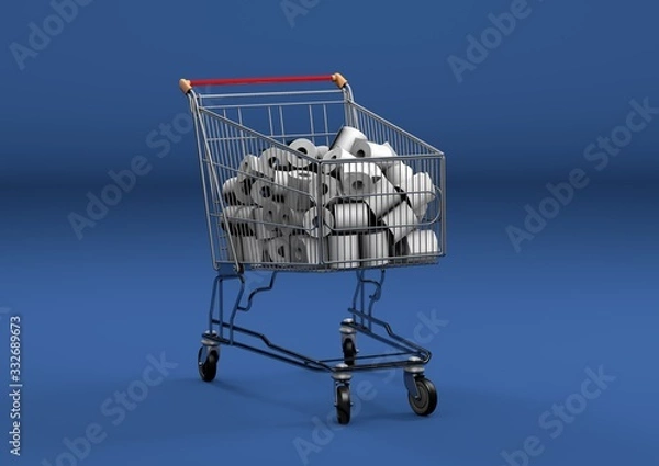 Fototapeta Shoping cart filled with toilet paper. Top view. On blue background. 3D Illustration