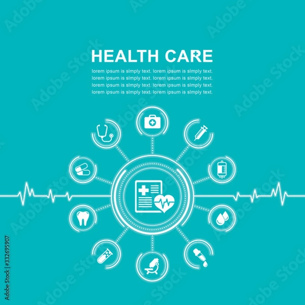 Fototapeta Group of elements flat icons in medicine, medical, health, cross, healthcare for background concepts vector illustration