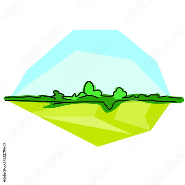 Fototapeta Color vector linear landscape. Flat landscape of black lines. Beautiful nature forest on the plain.