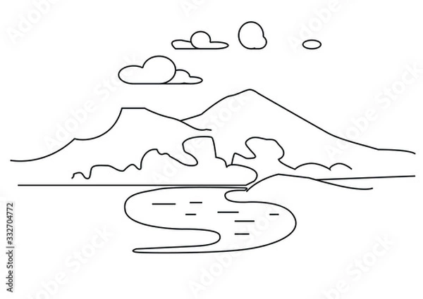 Fototapeta Vector linear landscape. Flat landscape of black lines of the river, forest and mountains. Beautiful nature with a cloudy sky.