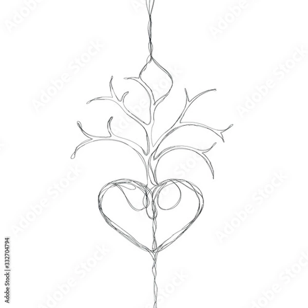 Fototapeta Vector illustration of a tree without leaves. Lonely tree stands on the heart. Vector character made of black lines.