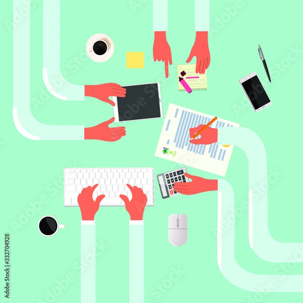Fototapeta Vector character top view of creative business process. Flat illustration of workspace. Hands of businessmen are working on an idea.