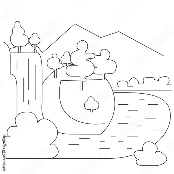 Fototapeta Vector linear landscape of a forest with a waterfall with mountains background