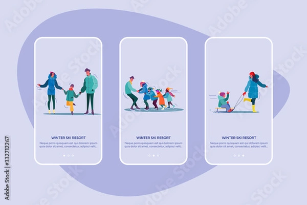 Fototapeta Winter ski resort set. Families, kids skating on ice, sleighing, mountain landscape with chalets. Flat vector illustrations. Vacation, holiday concept for banner, website design or landing web page