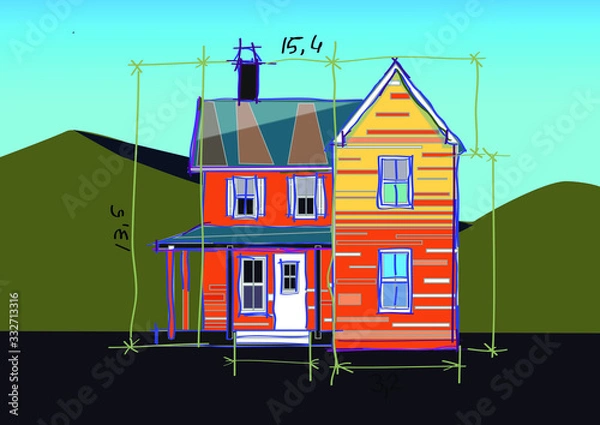 Fototapeta House plan with sketch layout. Bright facade of the house against the backdrop of mountains and blue sky. House project with calculations, lines and numbers.