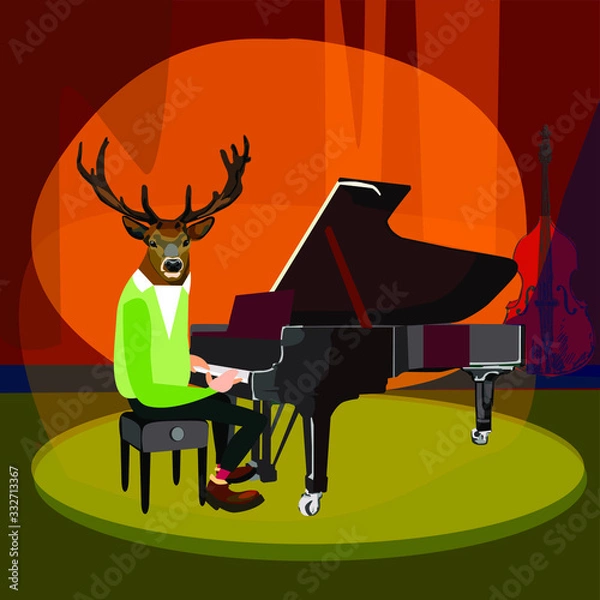 Fototapeta Vector illustration of a deer at the piano on stage. Jazz-rock music concert featuring a pianist deer.