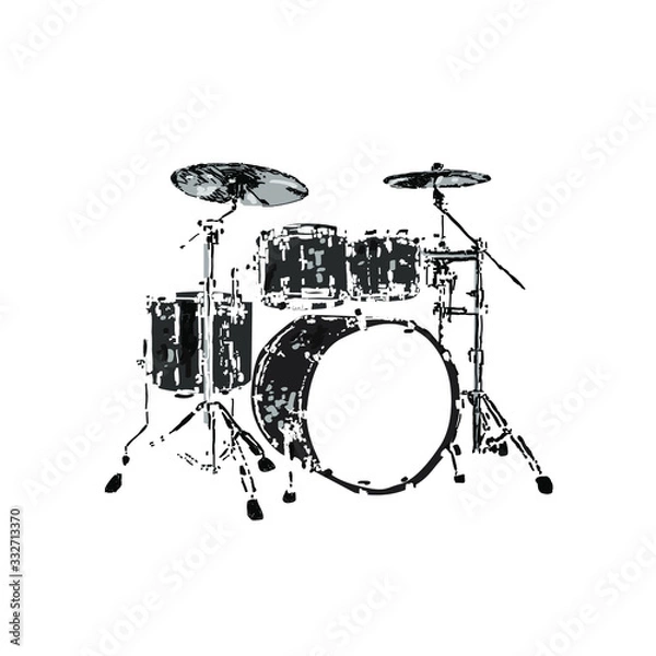 Fototapeta Dark drums on a white background. Black and white vector illustration of an isolated drum kit. Drawing sketch.