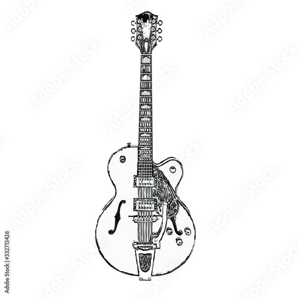 Fototapeta Jazz electric guitar on a white background. Black and white vector illustration of an isolated guitar. Drawing sketch.