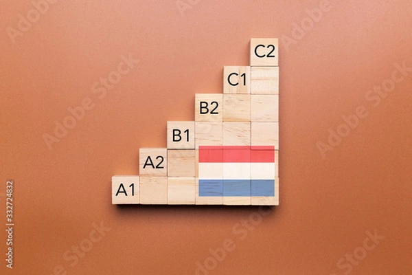 Fototapeta Wooden cubes with language levels, concept of learning and improvement. Dutch language
