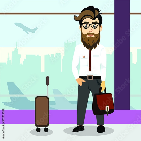 Fototapeta Businessman at the airport with a suitcase waiting for his flight. Hipster character with beard and mustache on a business trip