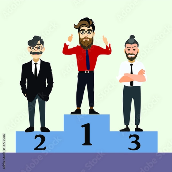 Fototapeta Character male winner. The business man took first place. The best among the best. Professional in his field. Attractive man rejoices in victory, raised his hands up.