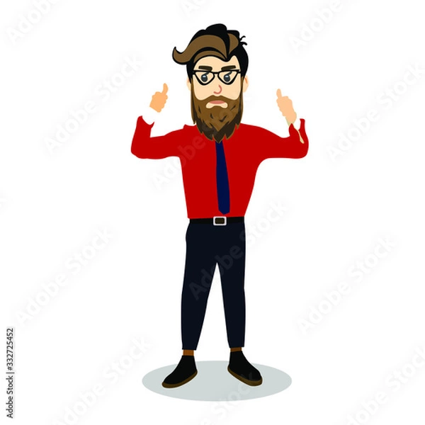 Fototapeta Cool hipster is building a business. Young man in a business style with a tie. Happy man showing thumbs up. Vector illustration of a businessman with a beard and mustache.